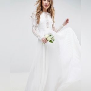 ASOS EDITION Long Sleeve Lace Bodice Maxi Wedding Dress Pleated Skirt NWT US 6